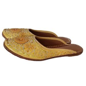 Pale yellow handcrafted leather beaded mules flats India size 7.5